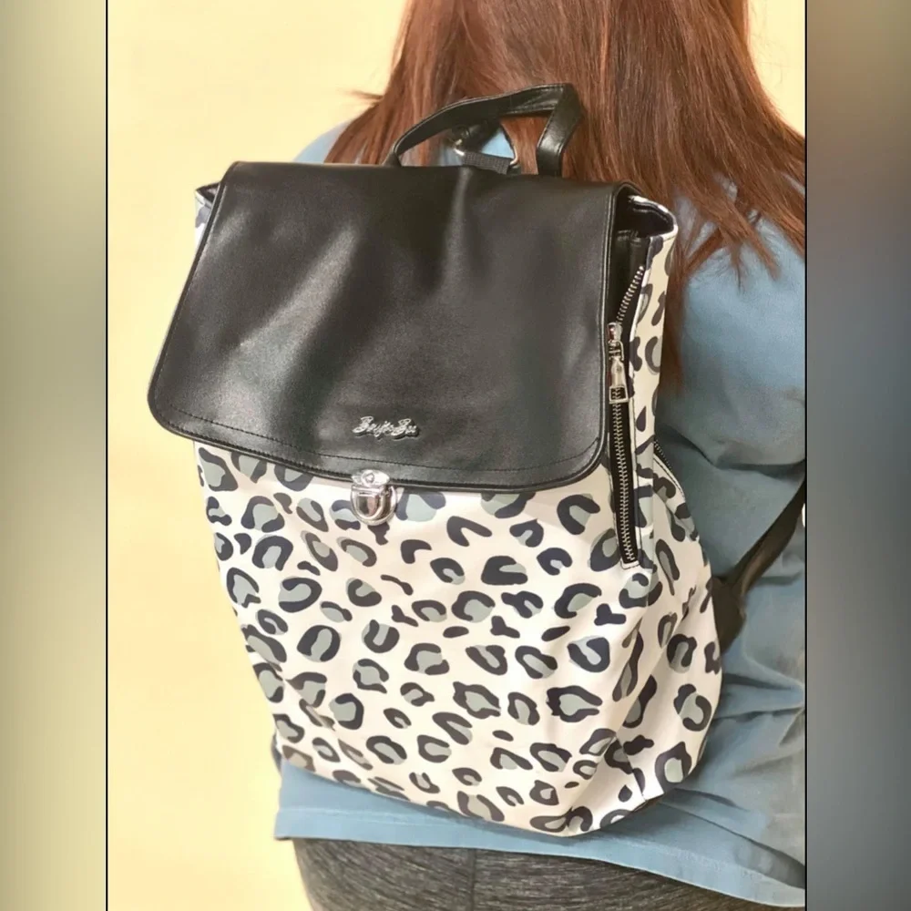 Boujie Bee Laptop Backpack White Gray Snow Leopard Print Faux Leather